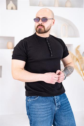 Henley Yaka İnce Örme Tasarım Triko T-shirt (TSS74)