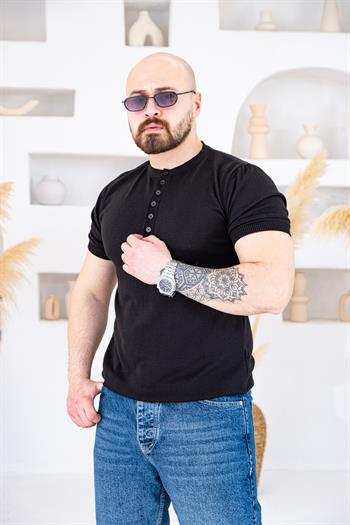 Henley Yaka İnce Örme Tasarım Triko T-shirt (TSS74)