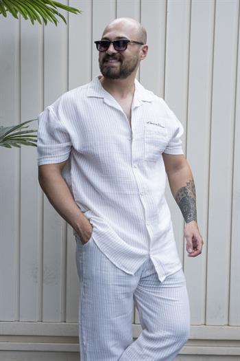 İnce Çizgili Rahat Kalıp Takım -Krem Çizgili (TKK12)