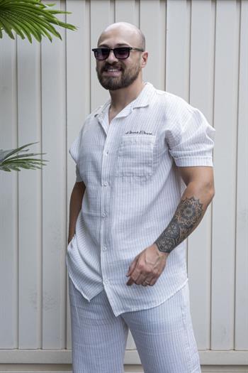 İnce Çizgili Rahat Kalıp Takım -Krem Çizgili (TKK12)
