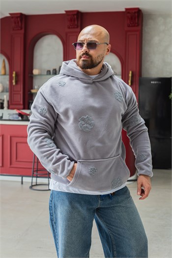 Kanguru Cepli Rahat Kesim Nakışlı Polar Sweatshirt (SVTG95)