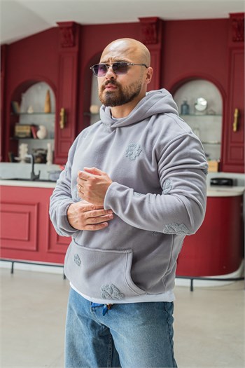 Kanguru Cepli Rahat Kesim Nakışlı Polar Sweatshirt (SVTG95)