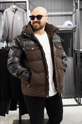 Kapüşonlu Deri Detaylı Mont (İGKA07)