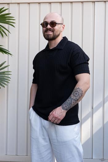 Kendinden Desenli Rahat Kalıp Polo Yaka T-Shirt (TSS32)