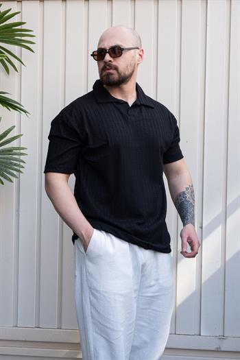 Kendinden Desenli Rahat Kalıp Polo Yaka T-Shirt (TSS32)