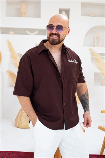 Keten Cep Ve Nakış Detaylı Oversize Gömlek (GMKA143)