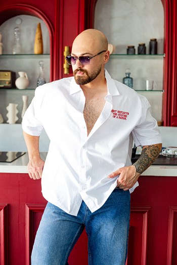 Keten Kumaş Etnik Çizgi Nakış Detaylı Oversize Gömlek (GMB139)