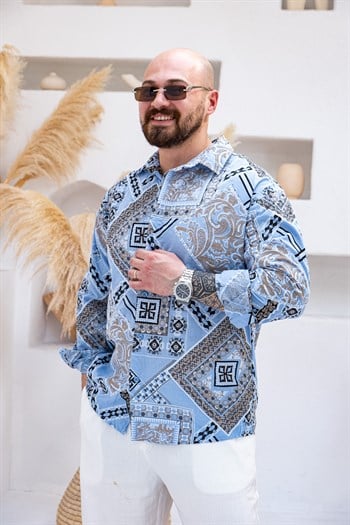 Keten Kumaş Etnik Desen Baskılı Gömlek (GMM116)