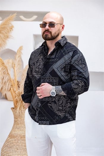 Keten Kumaş Etnik Desen Baskılı Gömlek (GMS116)