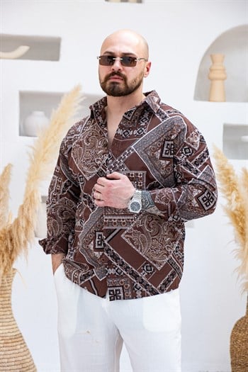 Keten Kumaş Etnik Desen Baskılı Gömlek (GMKA116)