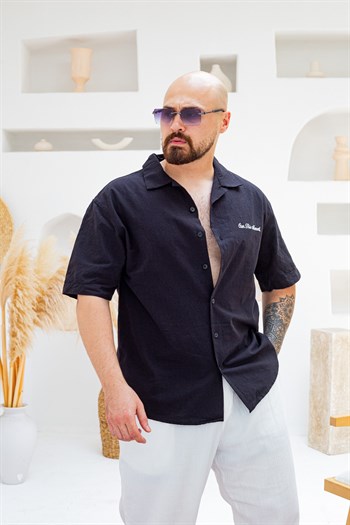 Keten Kumaş Göğüs ve Omuz Nakış Detaylı Oversize Gömlek (GMS138)