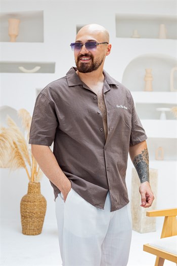Keten Kumaş Göğüs ve Omuz Nakış Detaylı Oversize Gömlek (GMKA138)