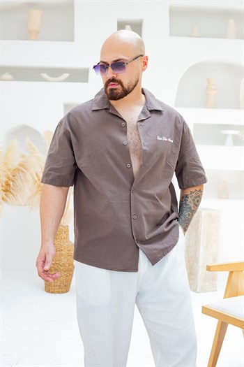 Keten Kumaş Göğüs ve Omuz Nakış Detaylı Oversize Gömlek (GMKA138)