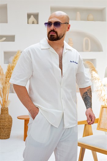 Keten Kumaş Göğüs ve Omuz Nakış Detaylı Oversize Gömlek (GMB138)