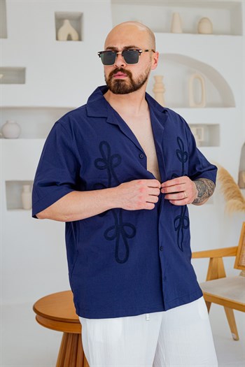 Keten Kumaş Küba Yaka Nakış İşlemeli Oversize Gömlek(GML133)