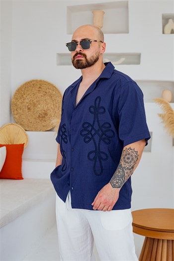 Keten Kumaş Küba Yaka Nakış İşlemeli Oversize Gömlek(GML133)