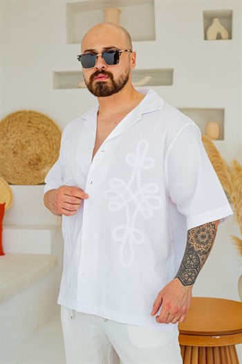 Keten Kumaş Küba Yaka Nakış İşlemeli Oversize Gömlek(GMB133)