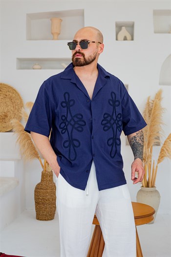 Keten Kumaş Küba Yaka Nakış İşlemeli Oversize Gömlek(GML133)