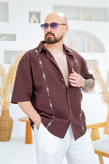 Keten Kumaş Nakış Detaylı Oversize Gömlek (GMKA137)