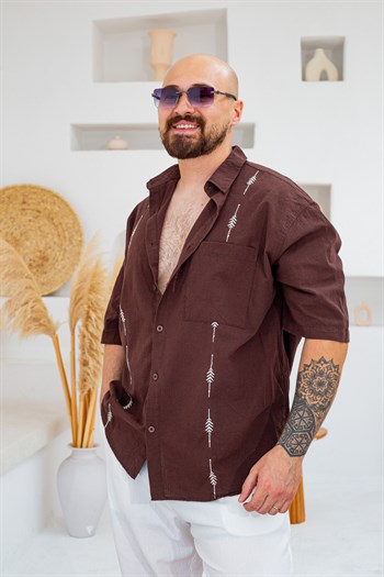 Keten Kumaş Nakış Detaylı Oversize Gömlek (GMKA137)
