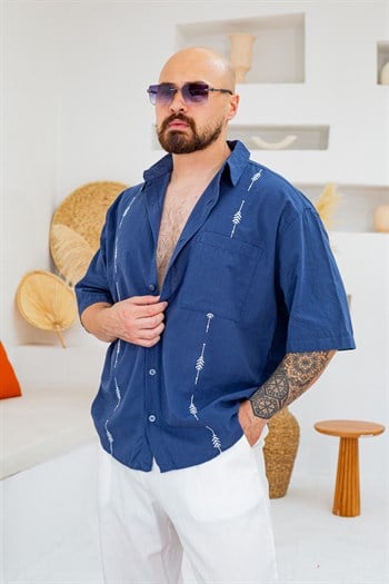 Keten Kumaş Nakış Detaylı Oversize Gömlek (GMM137)
