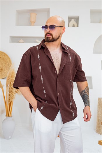 Keten Kumaş Nakış Detaylı Oversize Gömlek (GMKA137)