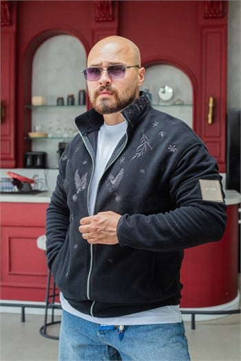 Kuş Nakışlı Tam Boy Fermuarlı Erkek Polar (MEVS64)