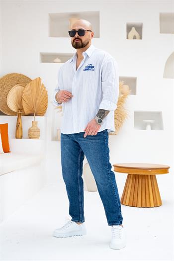 Mavi Renk Göğüs ve Sırt Baskılı Çizgili Oversize Erkek Gömlek (GMM81)