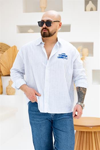 Mavi Renk Göğüs ve Sırt Baskılı Çizgili Oversize Erkek Gömlek (GMM81)