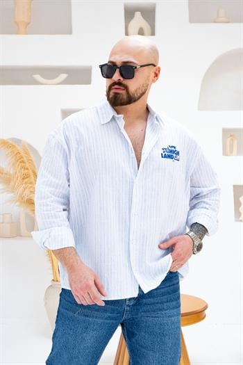Mavi Renk Göğüs ve Sırt Baskılı Çizgili Oversize Erkek Gömlek (GMM81)