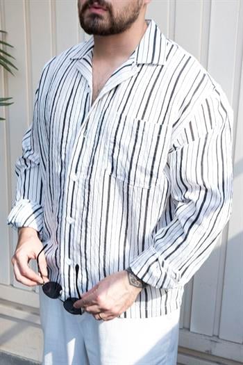 Modal Kumaş Çizgili Rahat Kalıp Gömlek(SNS01)