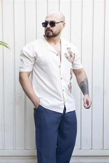 Nakış Detaylı Rahat Kalıp Keten Gömlek (GMK39)