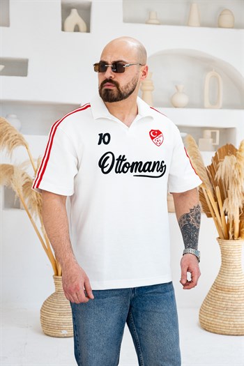 Ottomans Nakış Detaylı Retro Polo Yaka Oversize T-Shirt (TSB77)