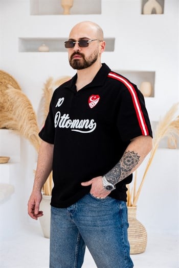 Ottomans Nakış Detaylı Retro Polo Yaka Oversize T-Shirt (TSS77)