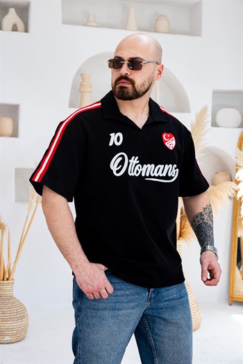 Ottomans Nakış Detaylı Retro Polo Yaka Oversize T-Shirt (TSS77)