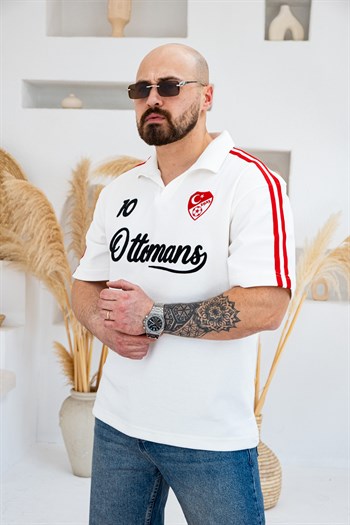 Ottomans Nakış Detaylı Retro Polo Yaka Oversize T-Shirt (TSB77)