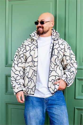 Oversize Fermuarlı Çizgi Desenli Peluş Ceket (MEVB78)