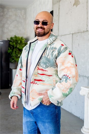 Oversize Fermuarlı Çizgi Desenli Peluş Ceket (MEV79)