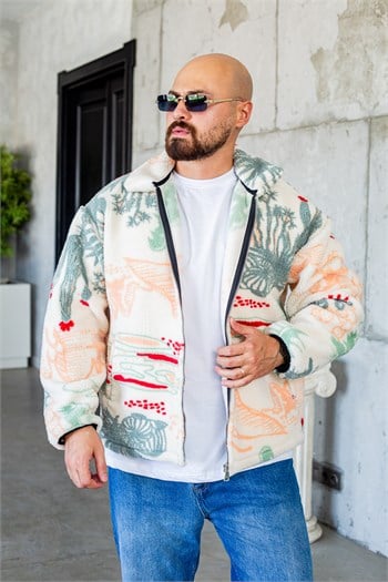 Oversize Fermuarlı Çizgi Desenli Peluş Ceket (MEV79)