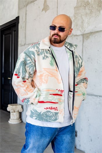 Oversize Fermuarlı Çizgi Desenli Peluş Ceket (MEV79)