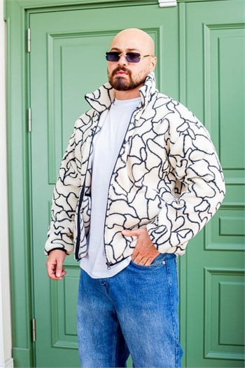 Oversize Fermuarlı Çizgi Desenli Peluş Ceket (MEVB78)