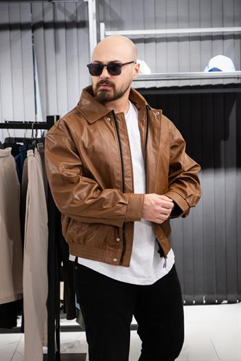 Oversize Yakalı Deri Ceket (İCKA02)