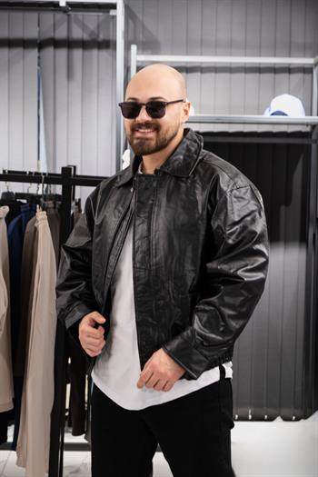 Oversize Yakalı Deri Ceket (İCS02)