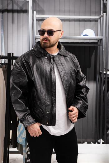 Oversize Yakalı Deri Ceket (İCS02)