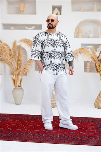 Palmiye Nakışlı Keten Kumaş Oversize Yarım Patlı T-Shirt (TSB82)