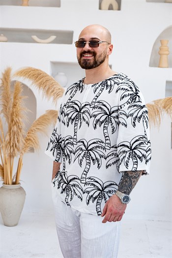 Palmiye Nakışlı Keten Kumaş Oversize Yarım Patlı T-Shirt (TSB82)
