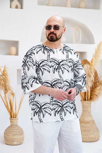 Palmiye Nakışlı Keten Kumaş Oversize Yarım Patlı T-Shirt (TSB82)