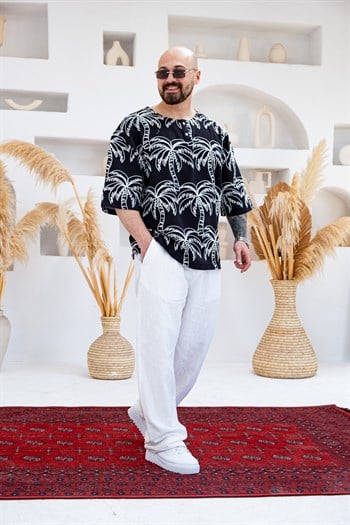 Palmiye Nakışlı Keten Kumaş Oversize Yarım Patlı T-Shirt (TSS82)