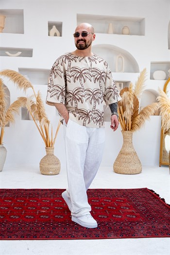 Palmiye Nakışlı Keten Kumaş Oversize Yarım Patlı T-Shirt (TSK82)