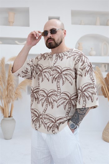 Palmiye Nakışlı Keten Kumaş Oversize Yarım Patlı T-Shirt (TSK82)